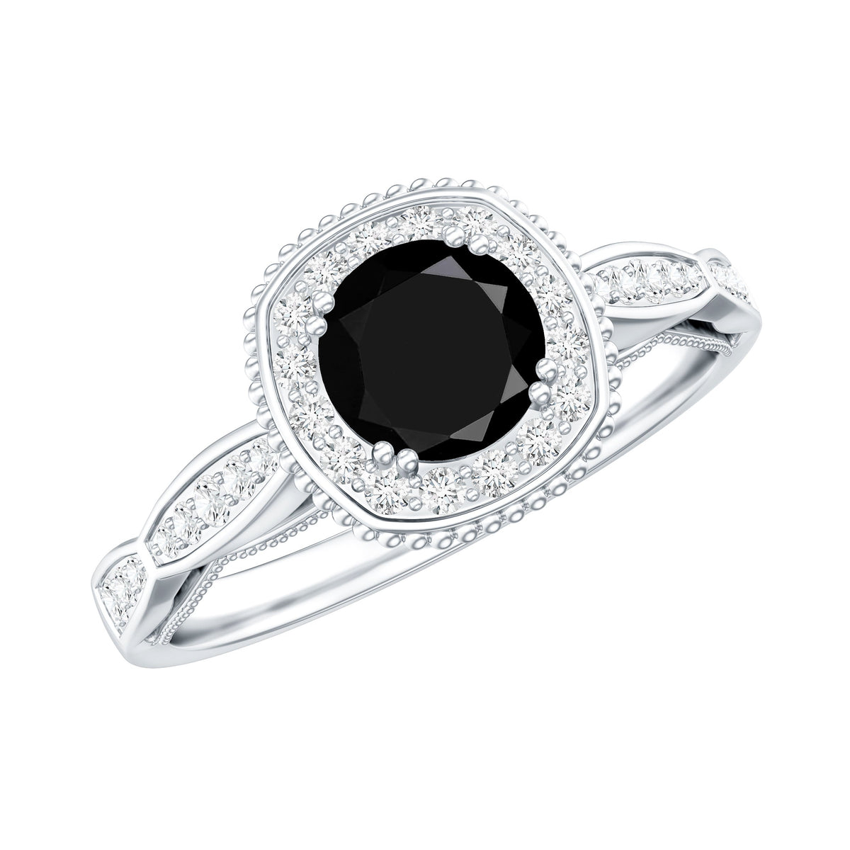 0.4 Carat Round Shape Black Onyx Vintage Engagement Ring with Diamond Halo