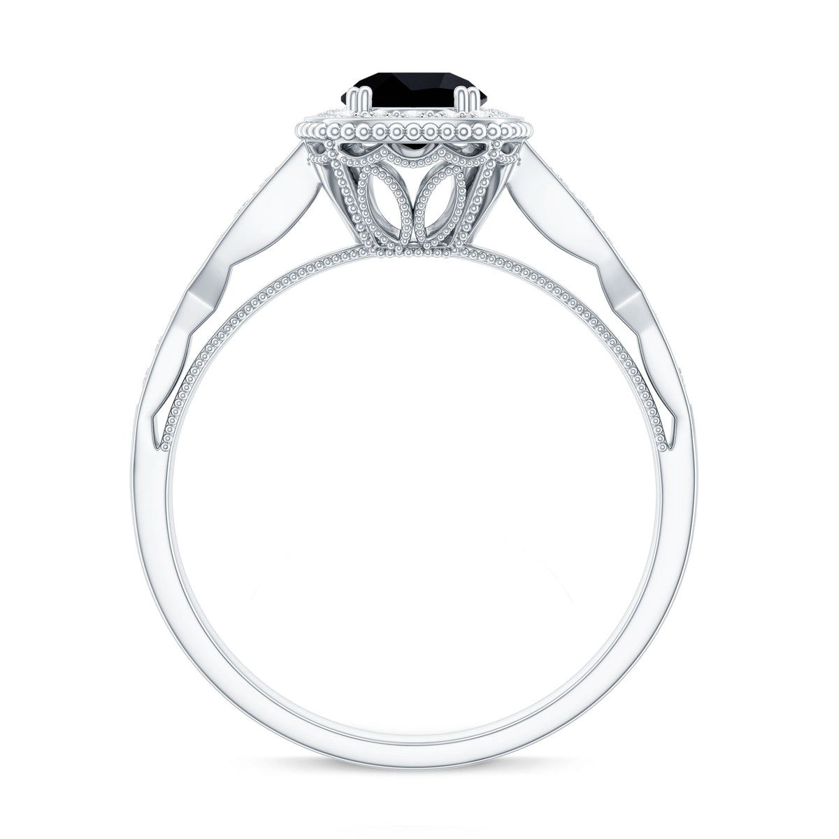 0.4 Carat Round Shape Black Onyx Vintage Engagement Ring with Diamond Halo