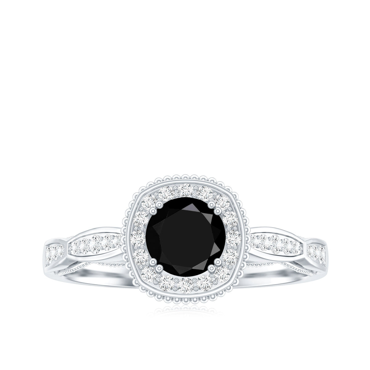 0.4 Carat Round Shape Black Onyx Vintage Engagement Ring with Diamond Halo