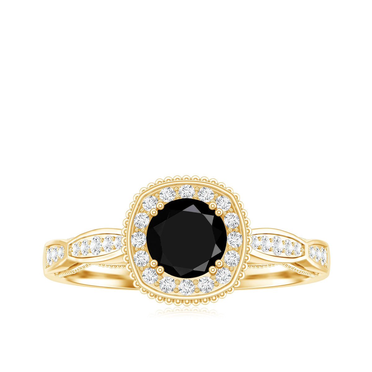 0.4 Carat Round Shape Black Onyx Vintage Engagement Ring with Diamond Halo