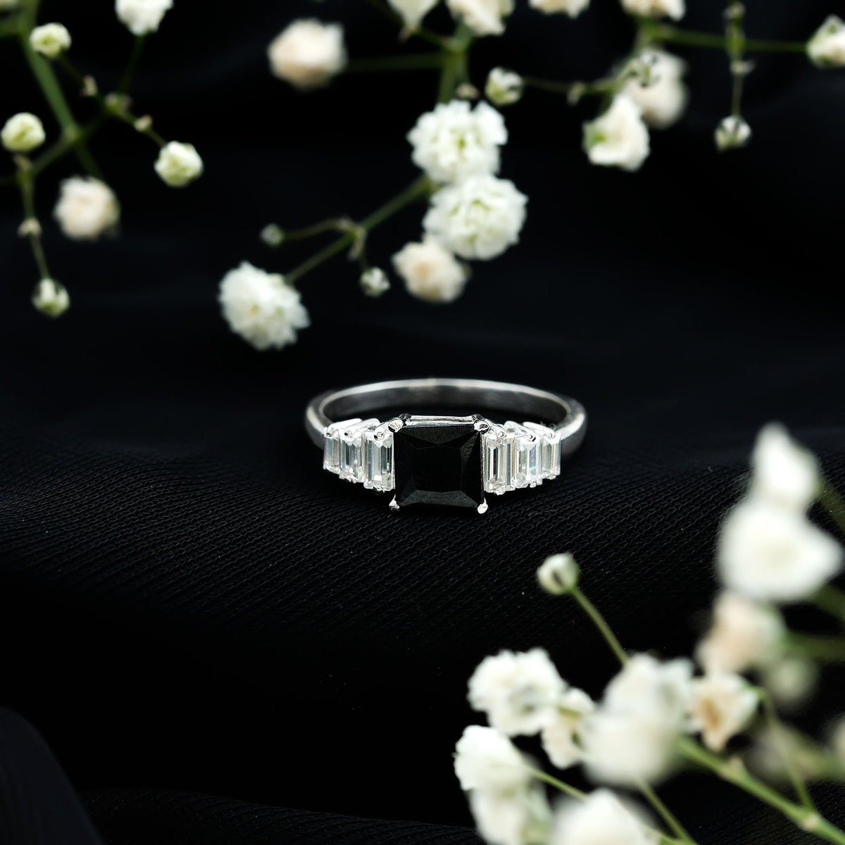Asscher Cut Black Onyx Engagement Ring with Baguette Moissanite