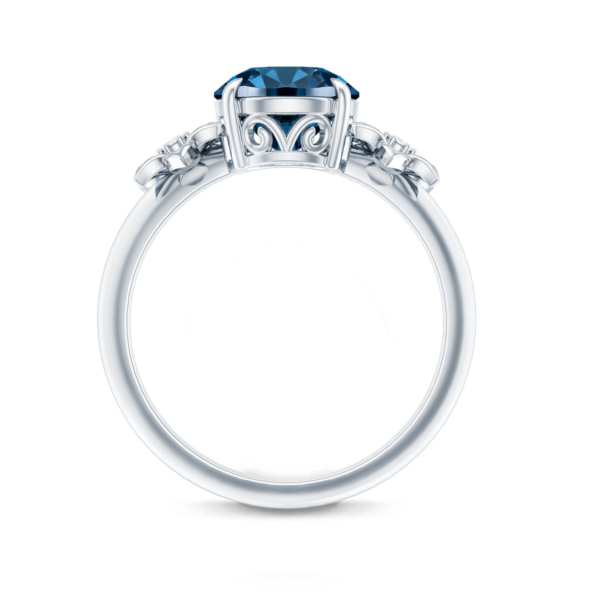 2 Carat Round London Blue Topaz Solitaire Floral Engagement Ring