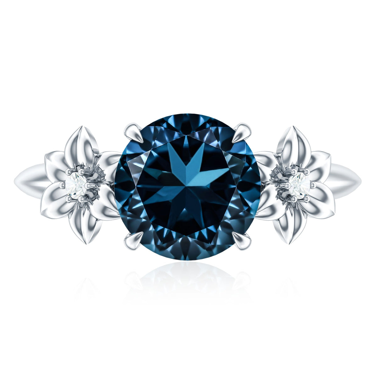 2 Carat Round London Blue Topaz Solitaire Floral Engagement Ring