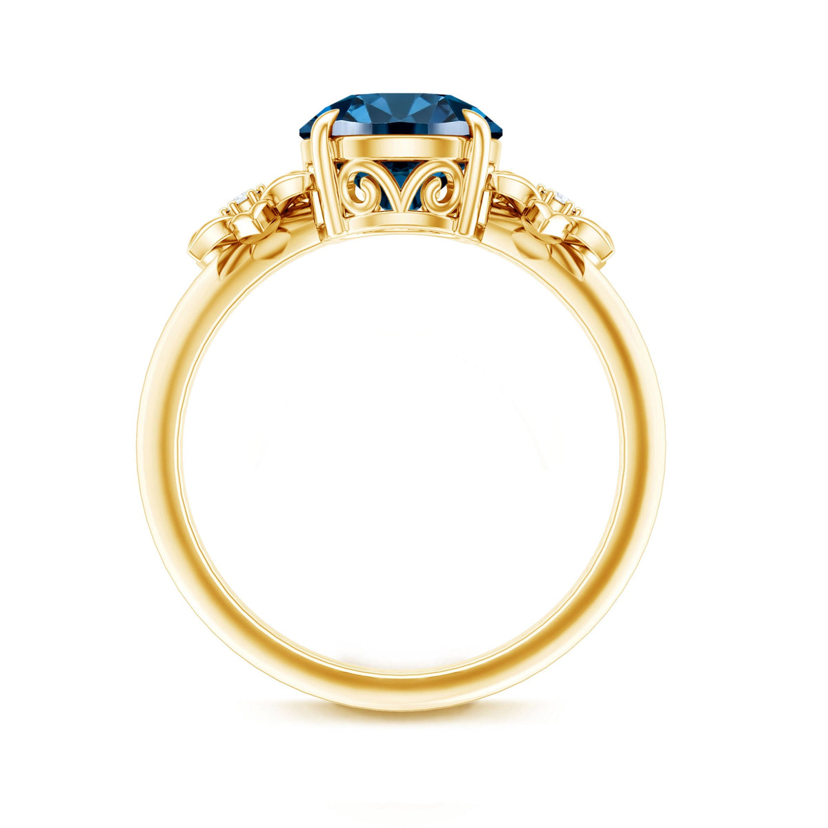 2 Carat Round London Blue Topaz Solitaire Floral Engagement Ring