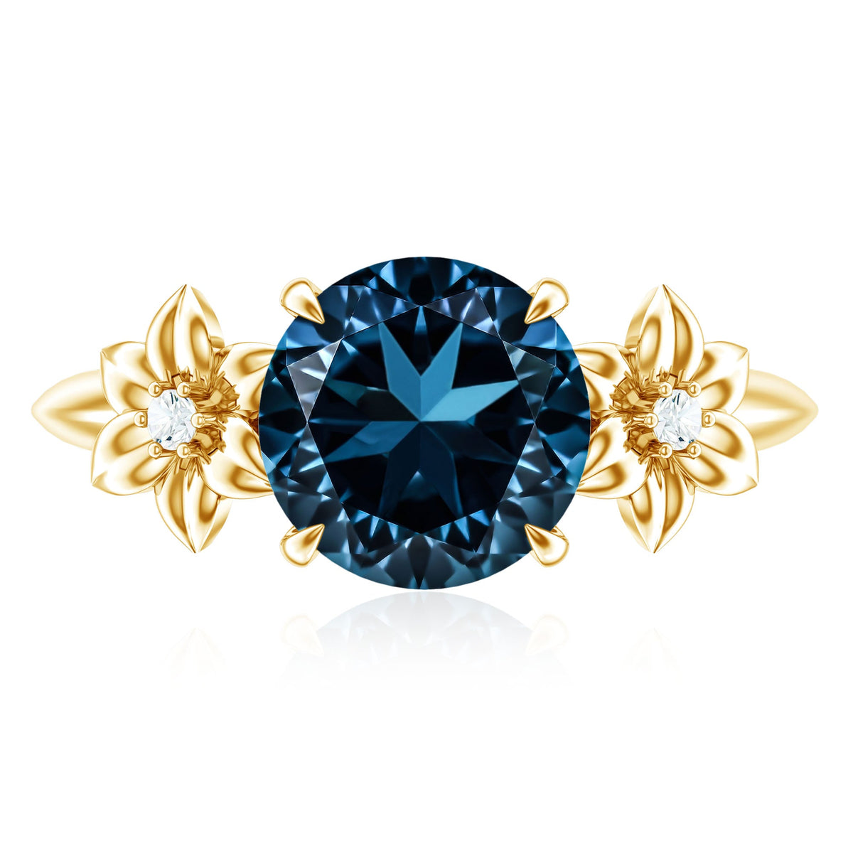 2 Carat Round London Blue Topaz Solitaire Floral Engagement Ring