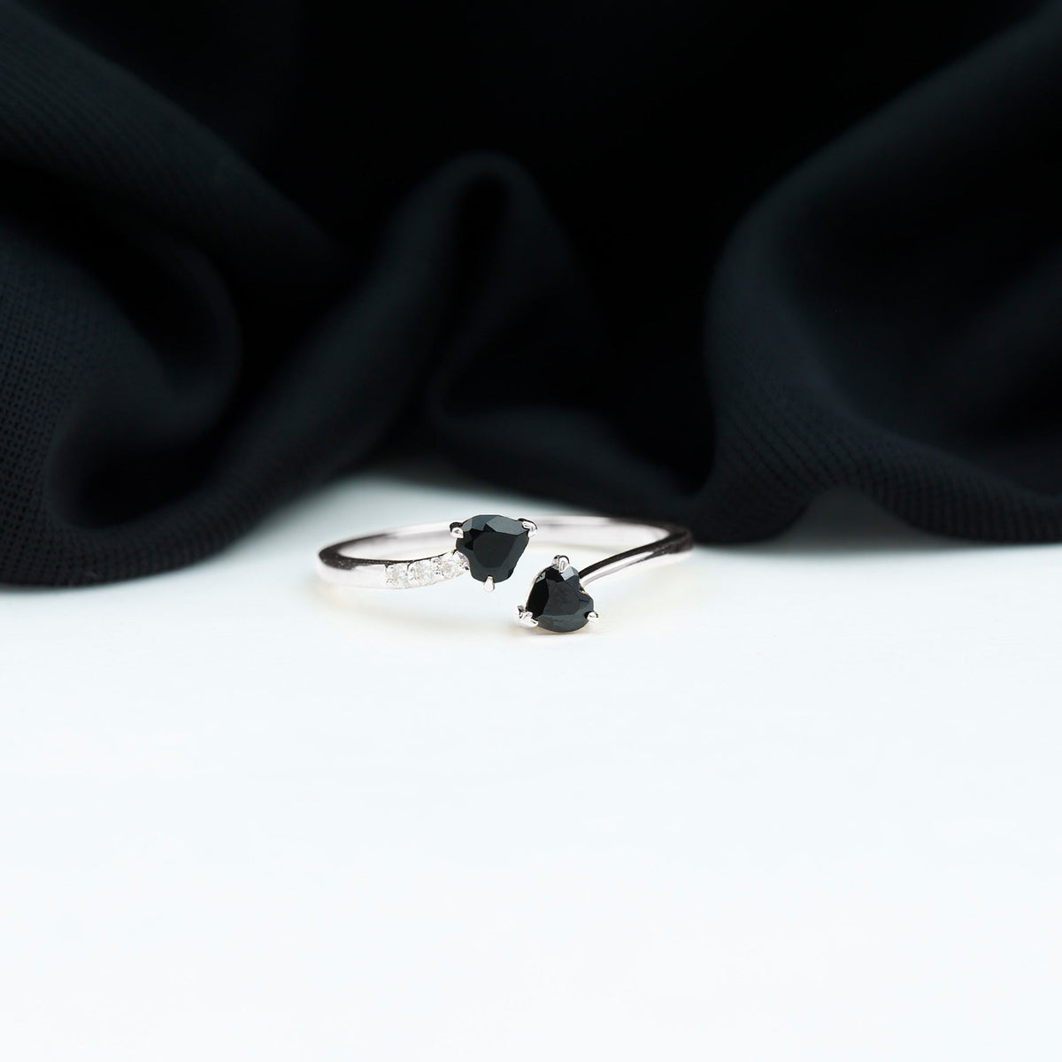 Black Onyx Double Heart Promise Ring with Diamond Accents