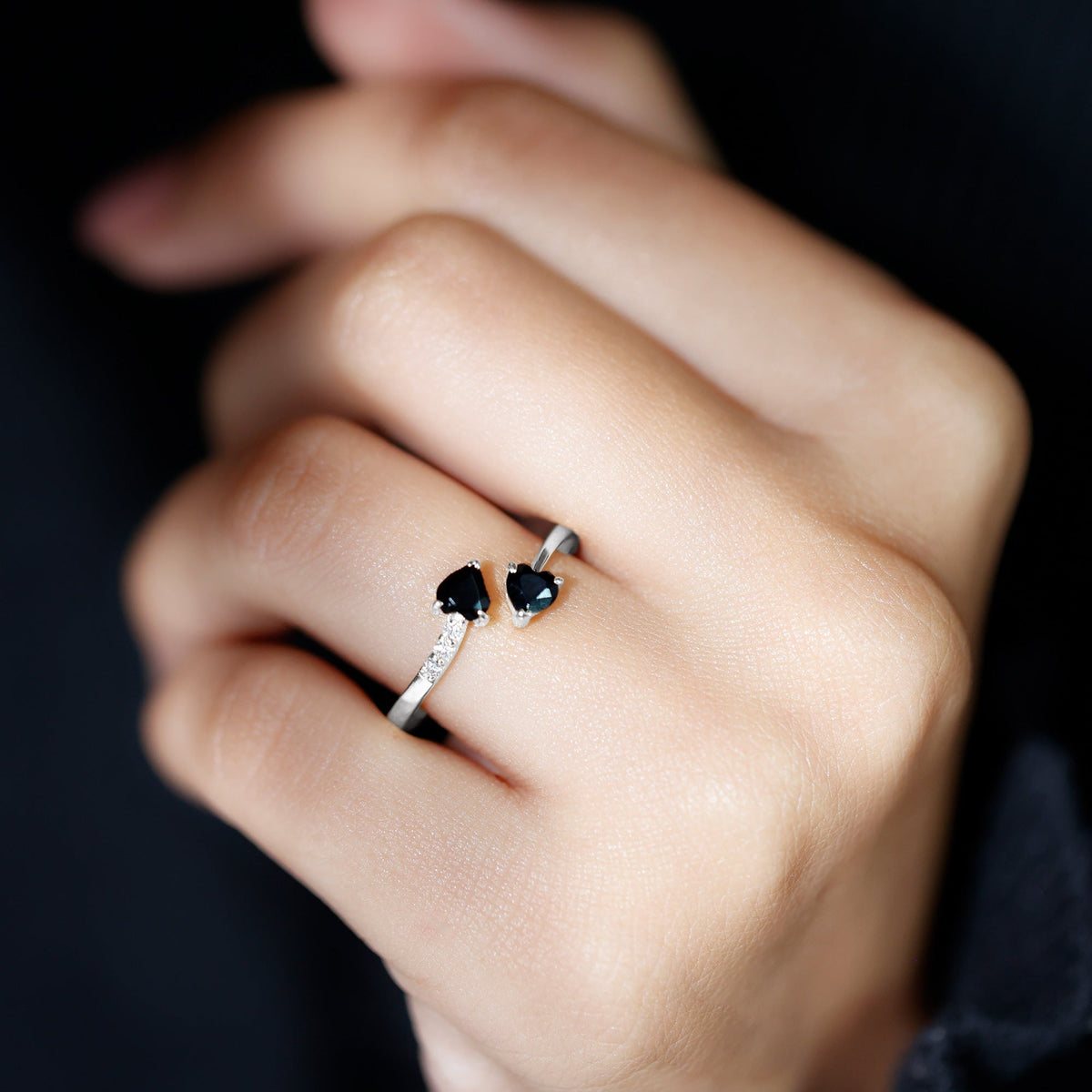 Black Onyx Double Heart Promise Ring with Diamond Accents