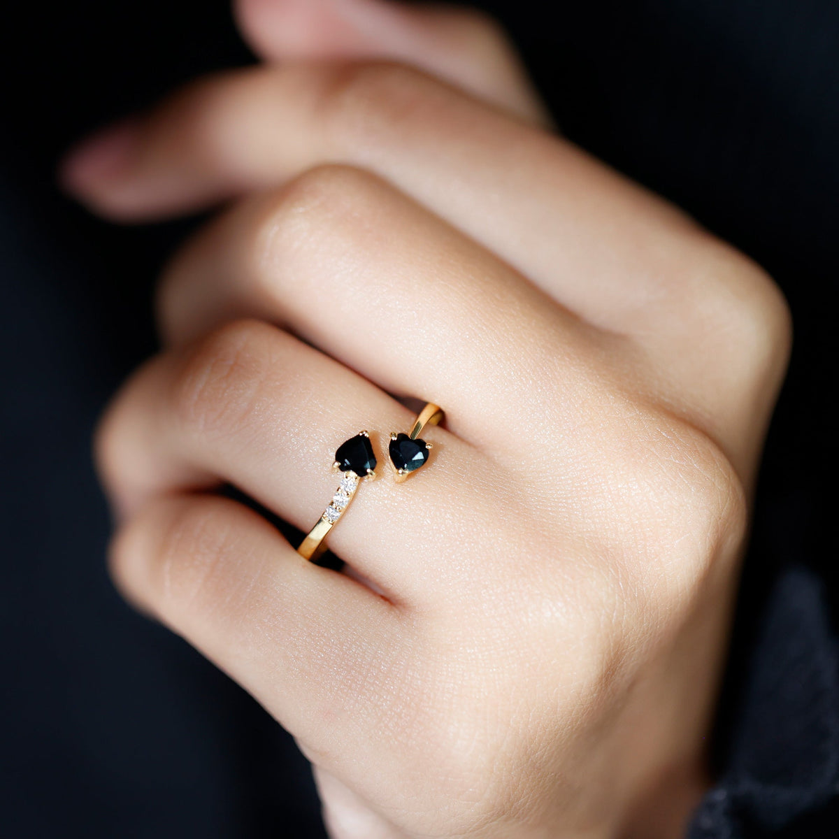 Black Onyx Double Heart Promise Ring with Diamond Accents