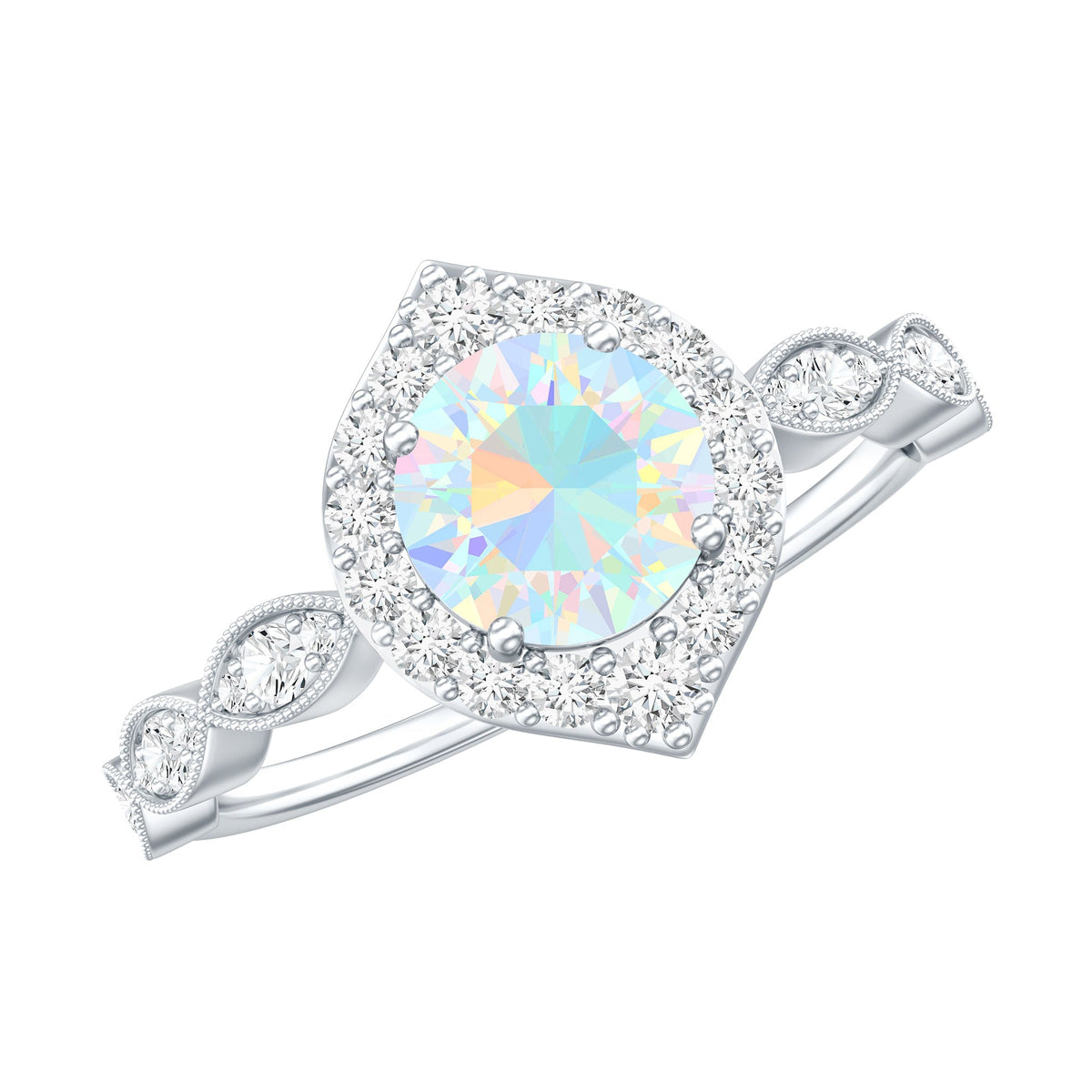 Vintage Looking Ethiopian Opal Engagement Ring with Real Diamond Halo