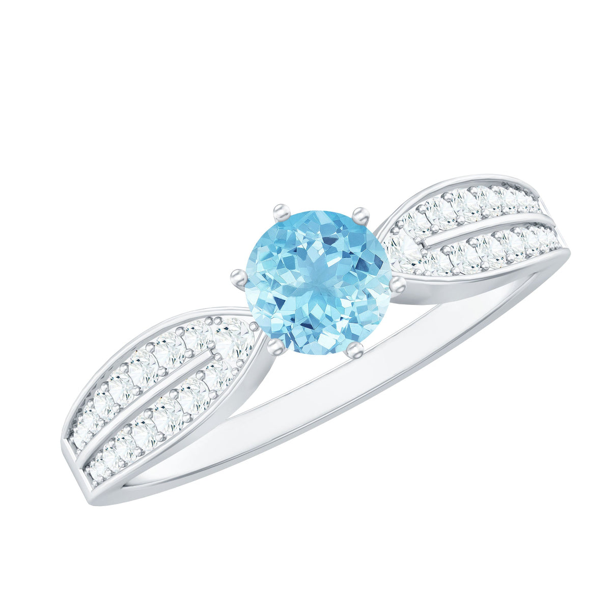 Round Natural Aquamarine Engagement Ring with Diamond Side Stones