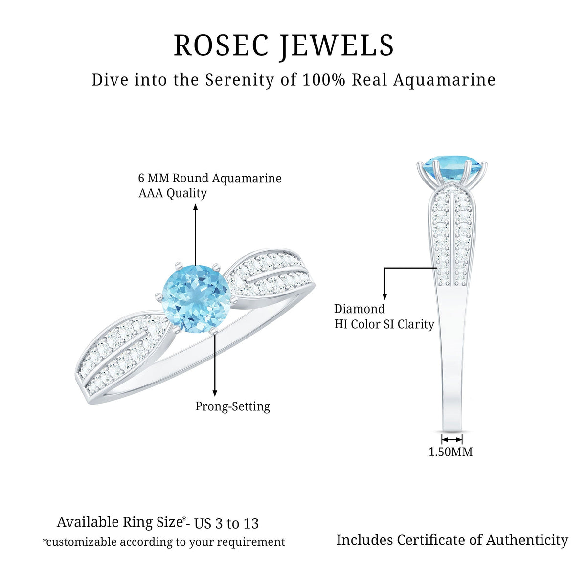 Round Natural Aquamarine Engagement Ring with Diamond Side Stones