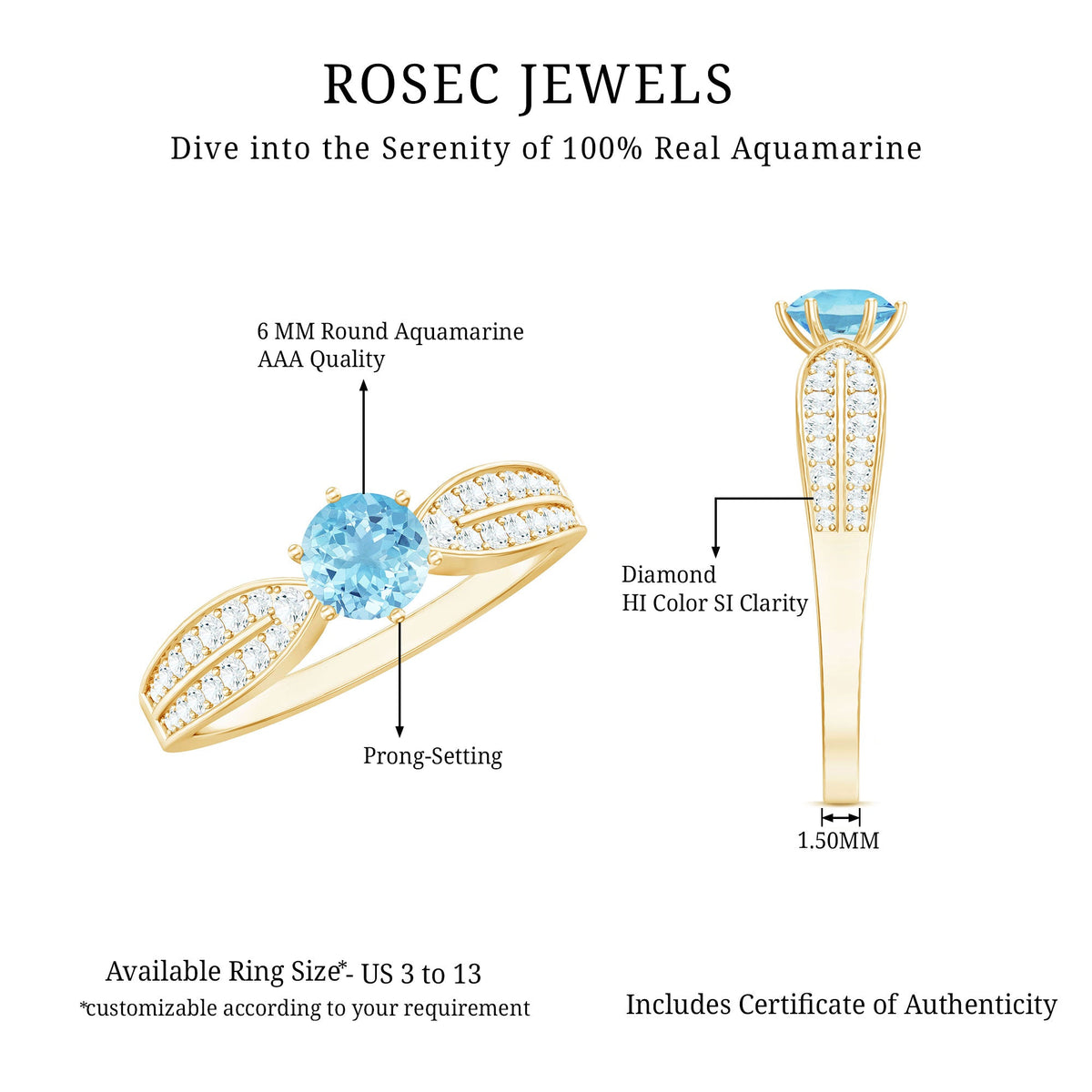 Round Natural Aquamarine Engagement Ring with Diamond Side Stones
