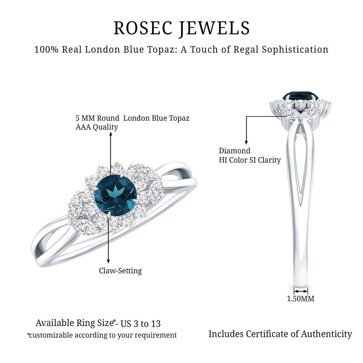 0.6 Carat London Blue Topaz Floral Engagement Ring with Diamond