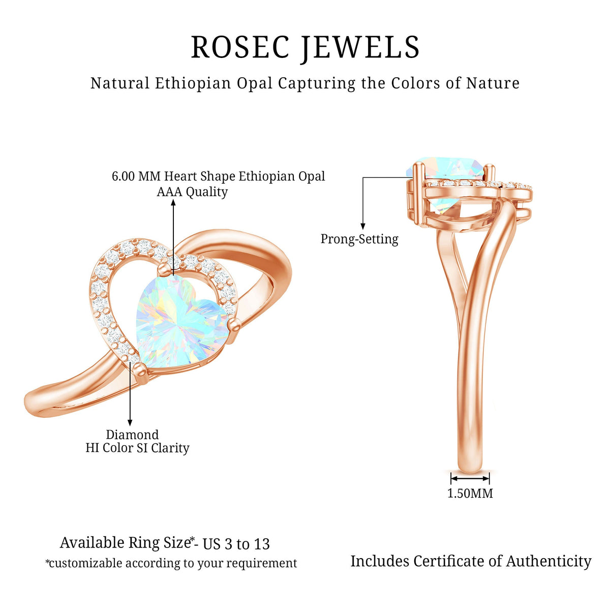 0.7 Carat Ethiopian Opal Heart Promise Ring with Diamond