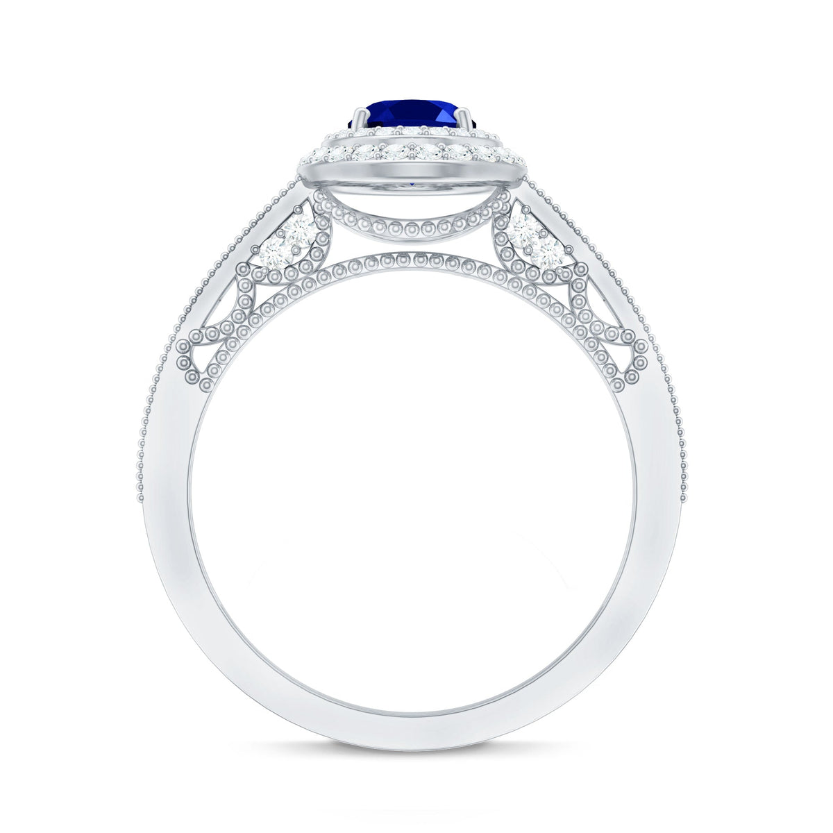 1 Carat Oval Lab Grown Blue Sapphire Diamond Vintage Engagement Ring with Double Halo