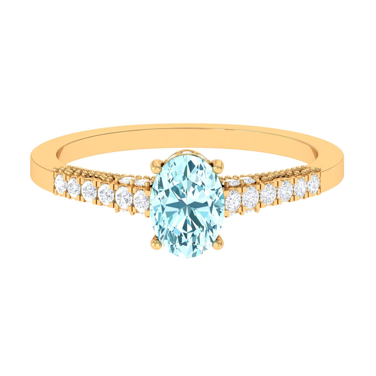 1 Carat Genuine Aquamarine Oval Engagement Ring with Diamond Side Stones