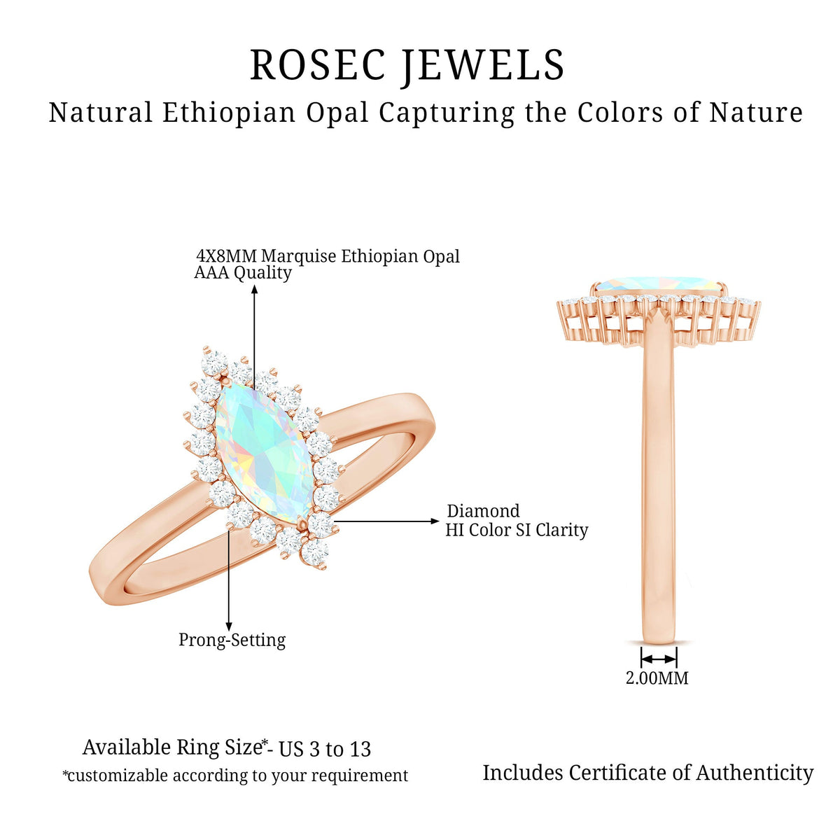 0.5 Carat Ethiopian Opal Marquise Cut Engagement Ring with Diamond Halo