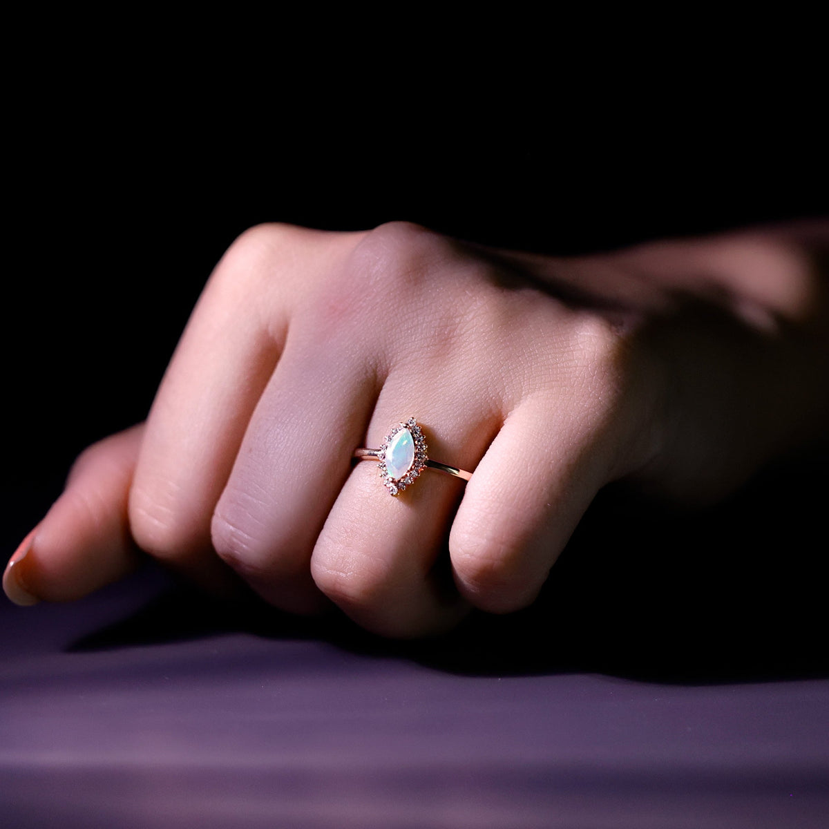 0.5 Carat Ethiopian Opal Marquise Cut Engagement Ring with Diamond Halo