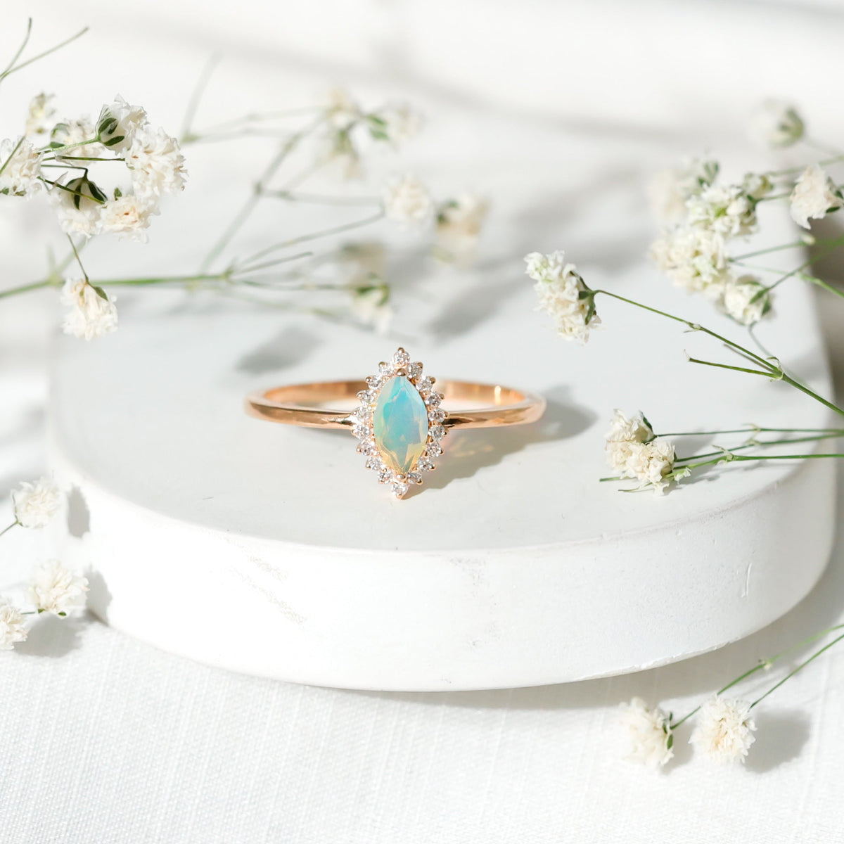 0.5 Carat Ethiopian Opal Marquise Cut Engagement Ring with Diamond Halo
