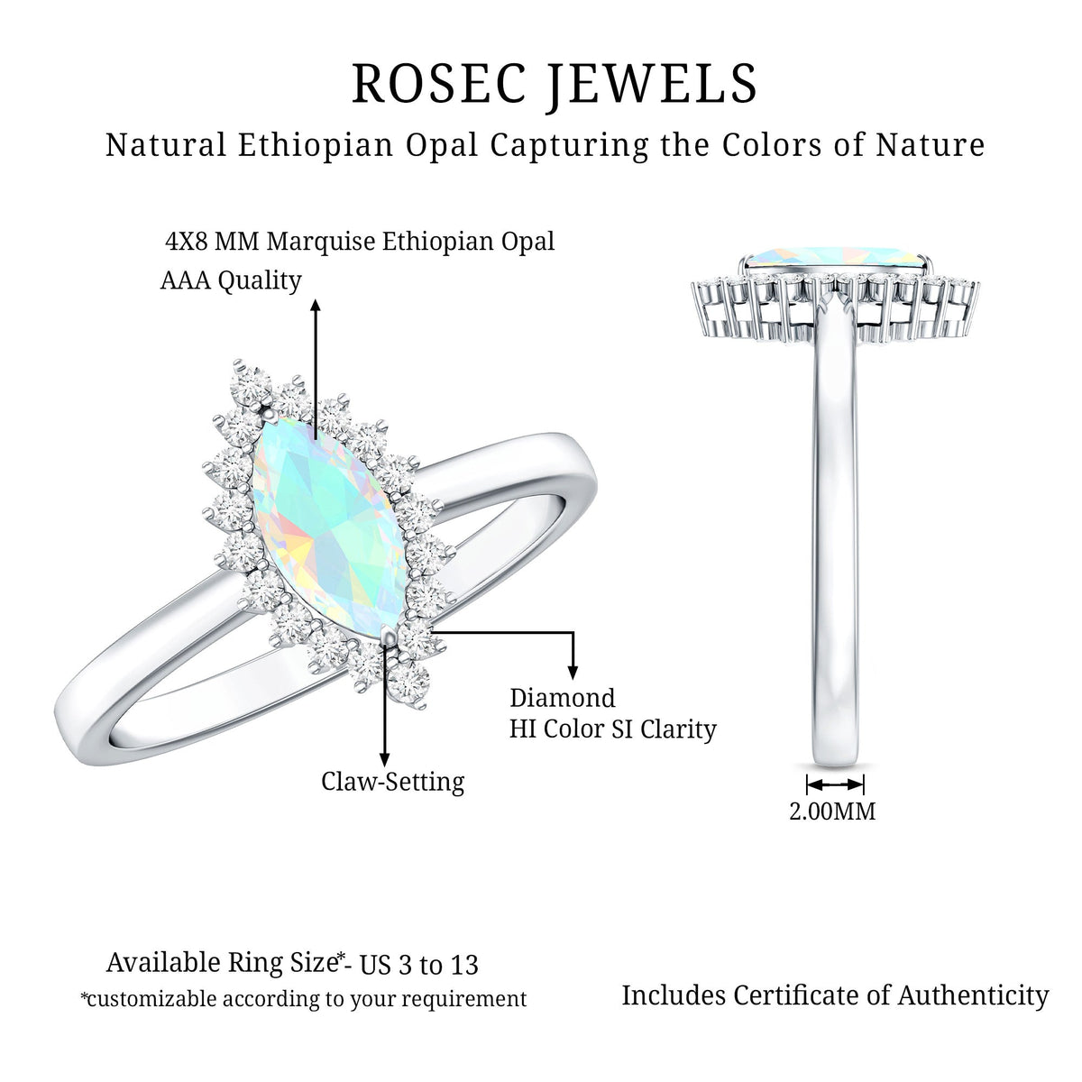 0.5 Carat Ethiopian Opal Marquise Cut Engagement Ring with Diamond Halo