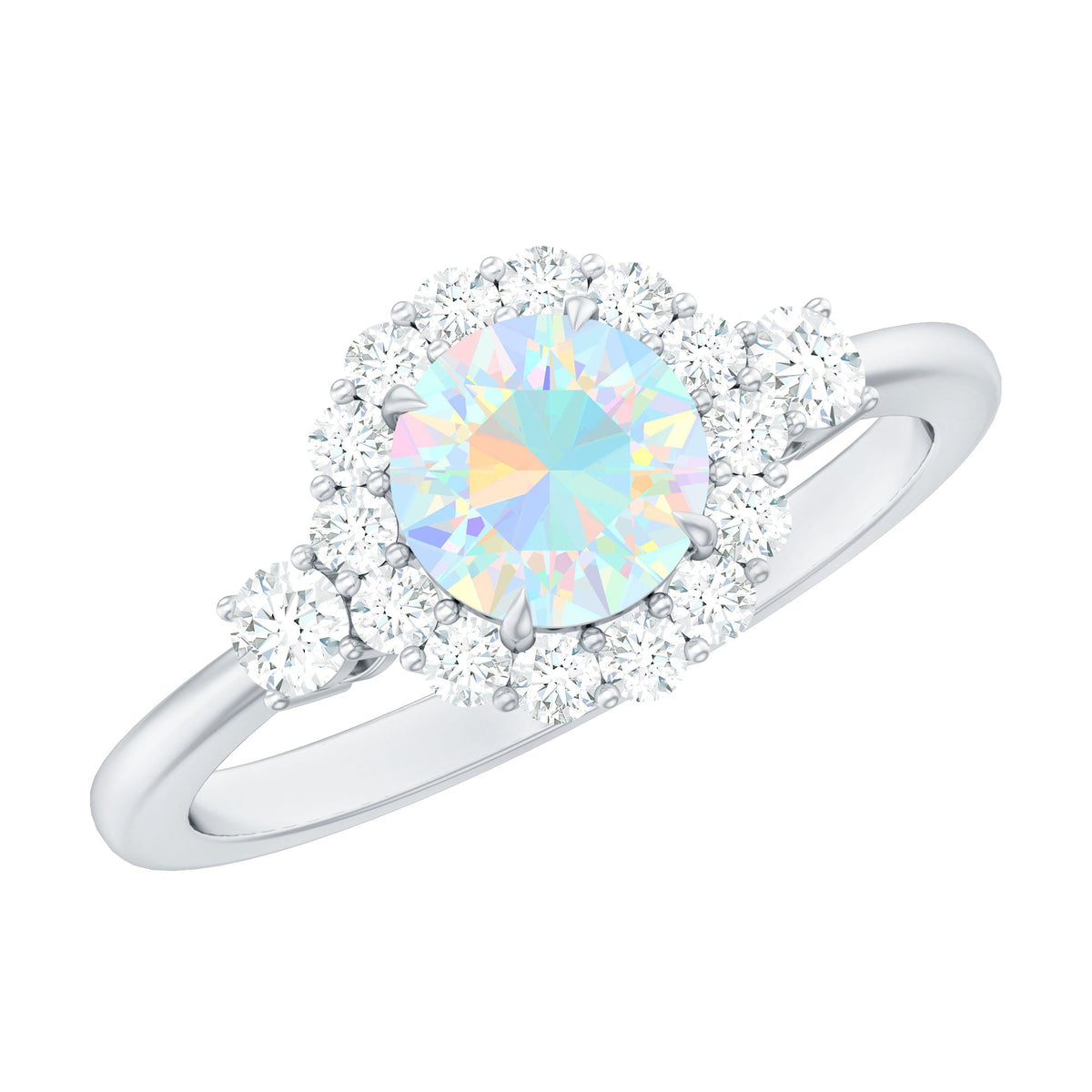 Classic Ethiopian Rainbow Opal Engagement Ring with Diamond Halo