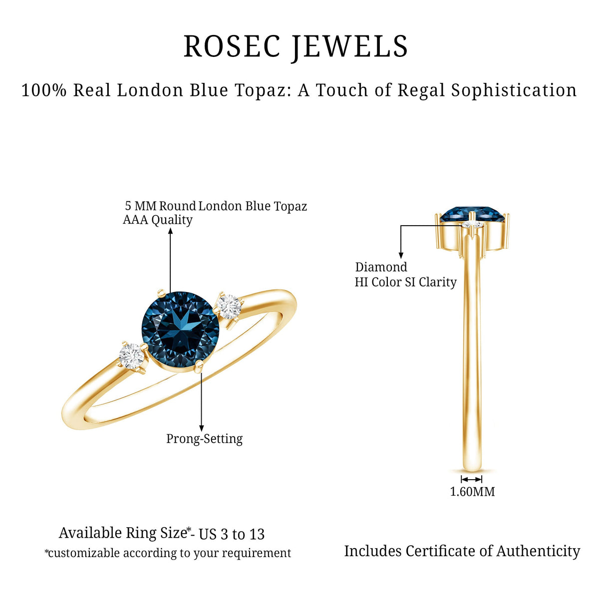 0.6 Carat Round London Blue Topaz Minimal Promise Ring with Diamond
