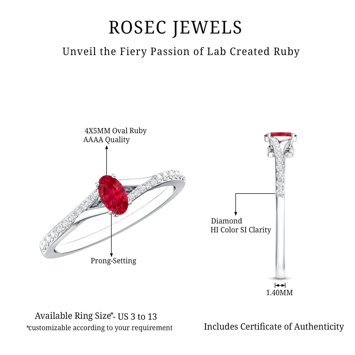0.42 Carat Lab Grown Ruby and Diamond Solitaire Ring with Split Shank