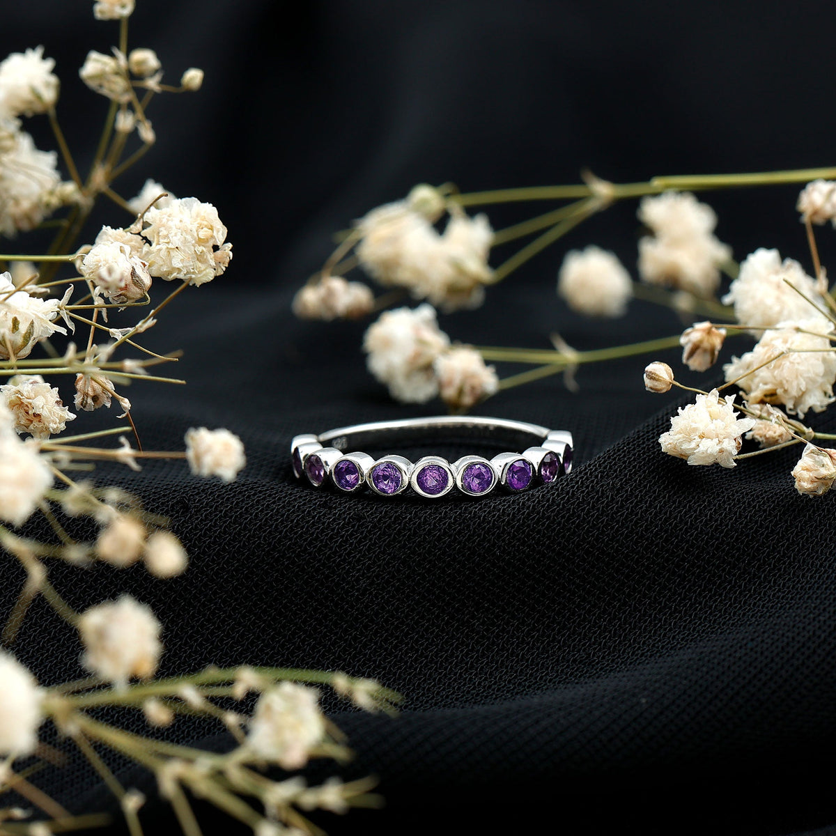 Bezel Set Natural Amethyst Half Eternity Wedding Band in Silver