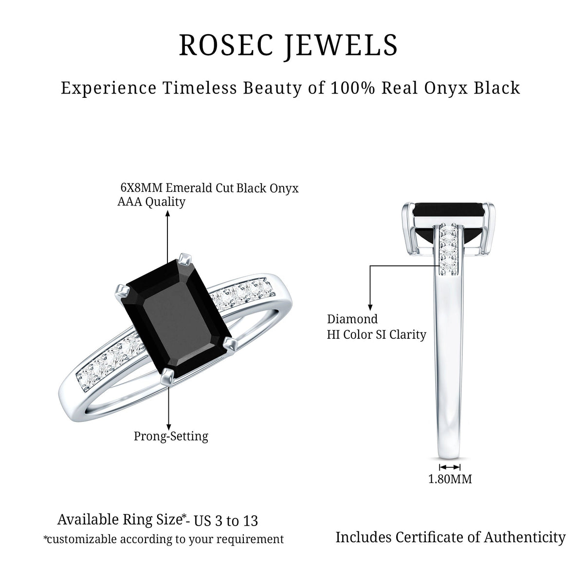 1.8 Carat Emerald Cut Black Onyx Engagement Ring with Diamond