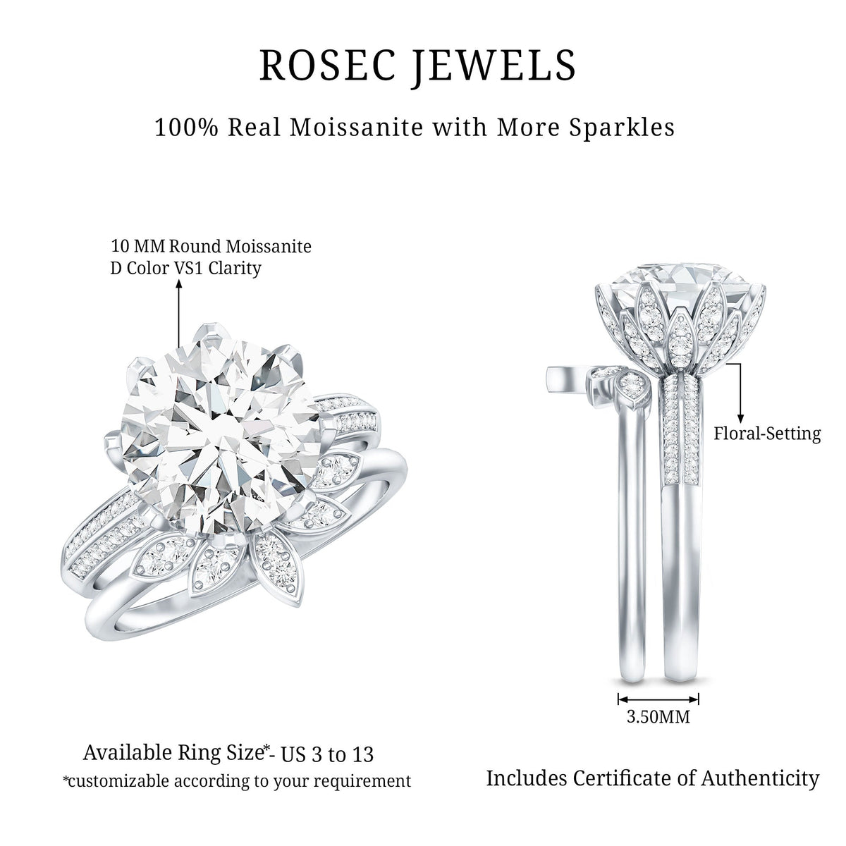 4.4 Carat Round Moissanite Flower Engagement Ring With Enhancer