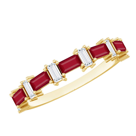 Baguette Cut Ruby Half Eternity Ring with Diamond Accent