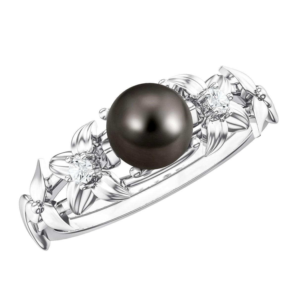 7.5 Carat Genuine Tahitian Black Pearl Flower Engagement Ring with Diamond