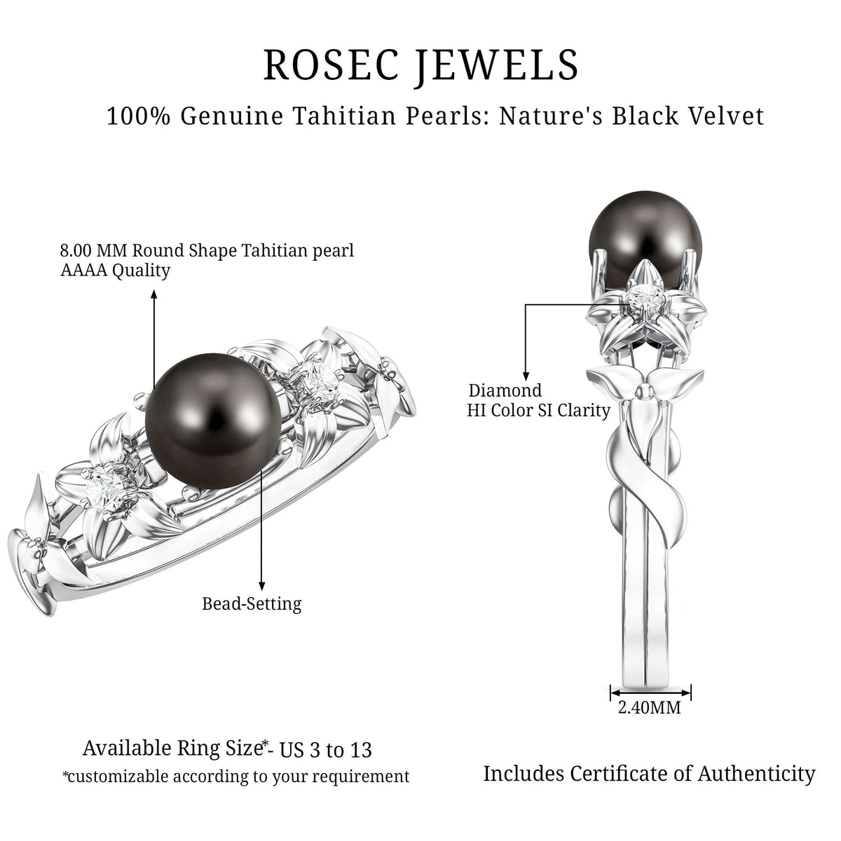7.5 Carat Genuine Tahitian Black Pearl Flower Engagement Ring with Diamond