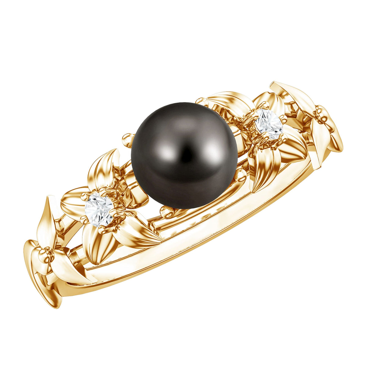 7.5 Carat Genuine Tahitian Black Pearl Flower Engagement Ring with Diamond