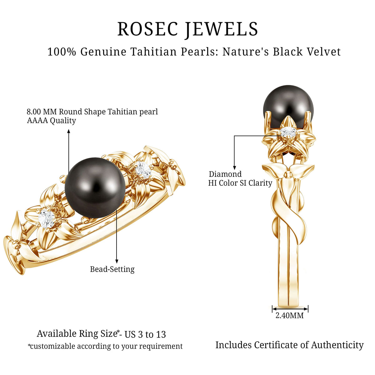 7.5 Carat Genuine Tahitian Black Pearl Flower Engagement Ring with Diamond