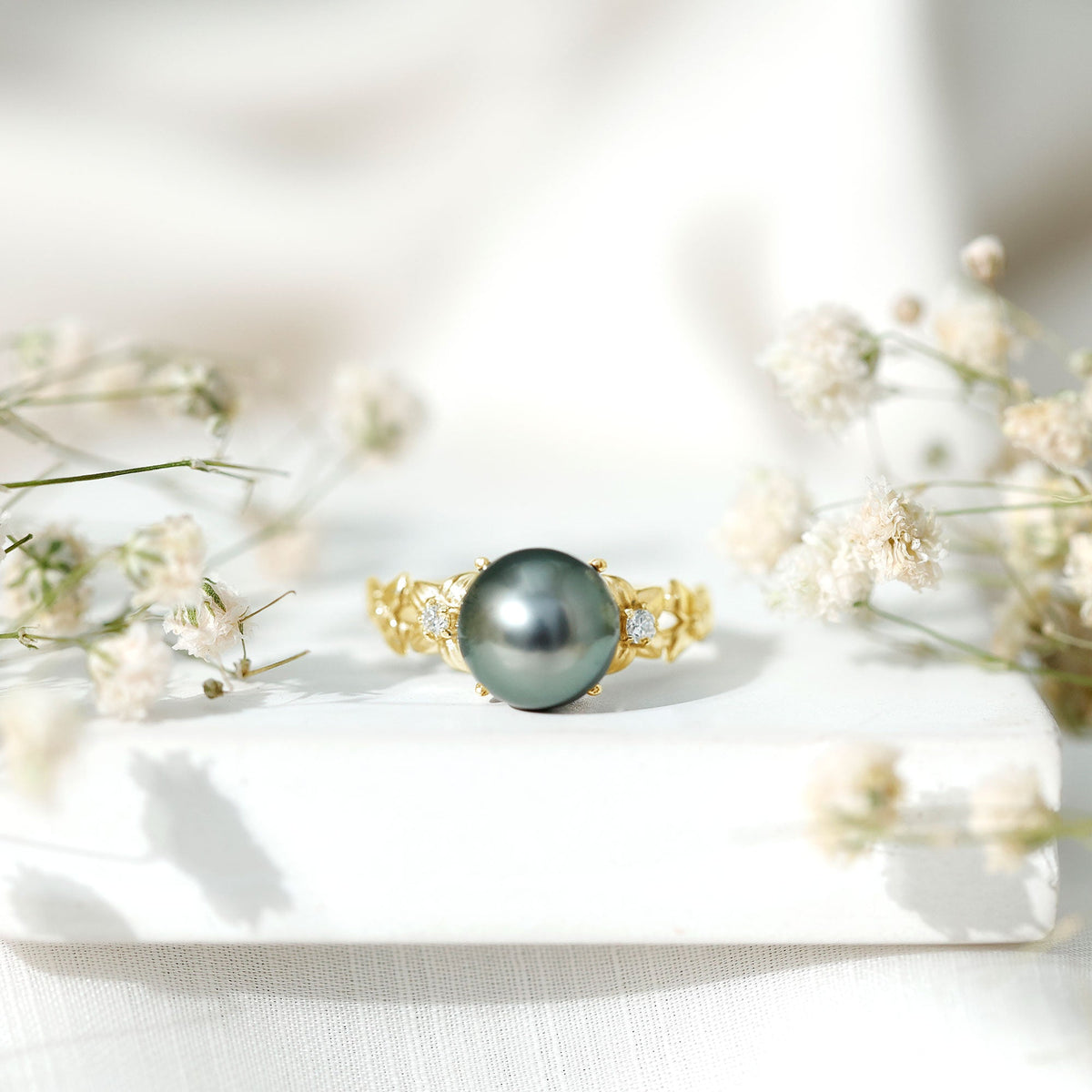 7.5 Carat Genuine Tahitian Black Pearl Flower Engagement Ring with Diamond