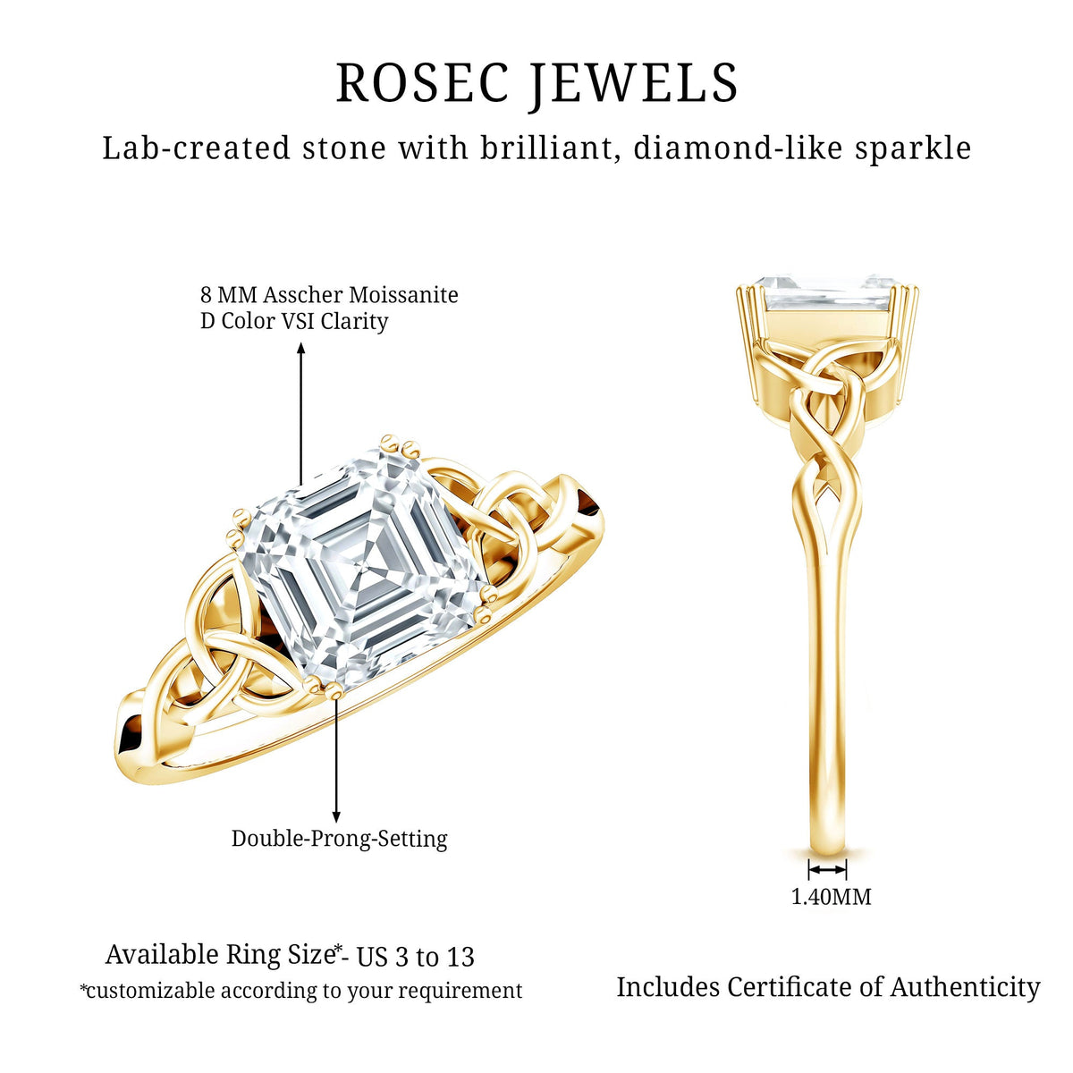 Asscher Cut 3 Carat Moissanite Celtic Knot Engagement Ring