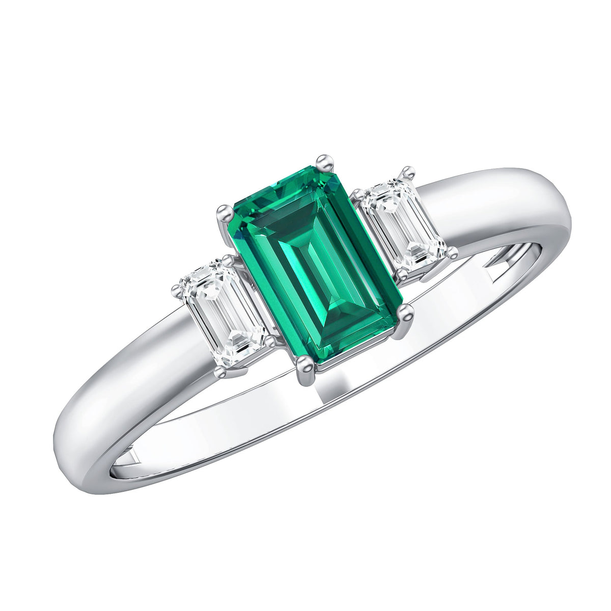 Emerald Cut Emerald and Diamond 3 Stone Promise Ring for Her