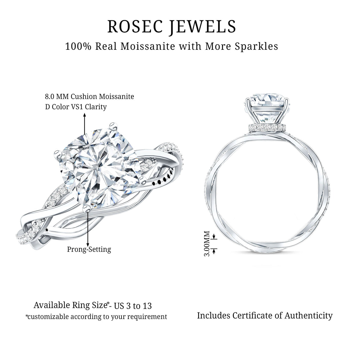 3 Carat Moissanite Cushion Cut Hidden Halo Engagement Rings
