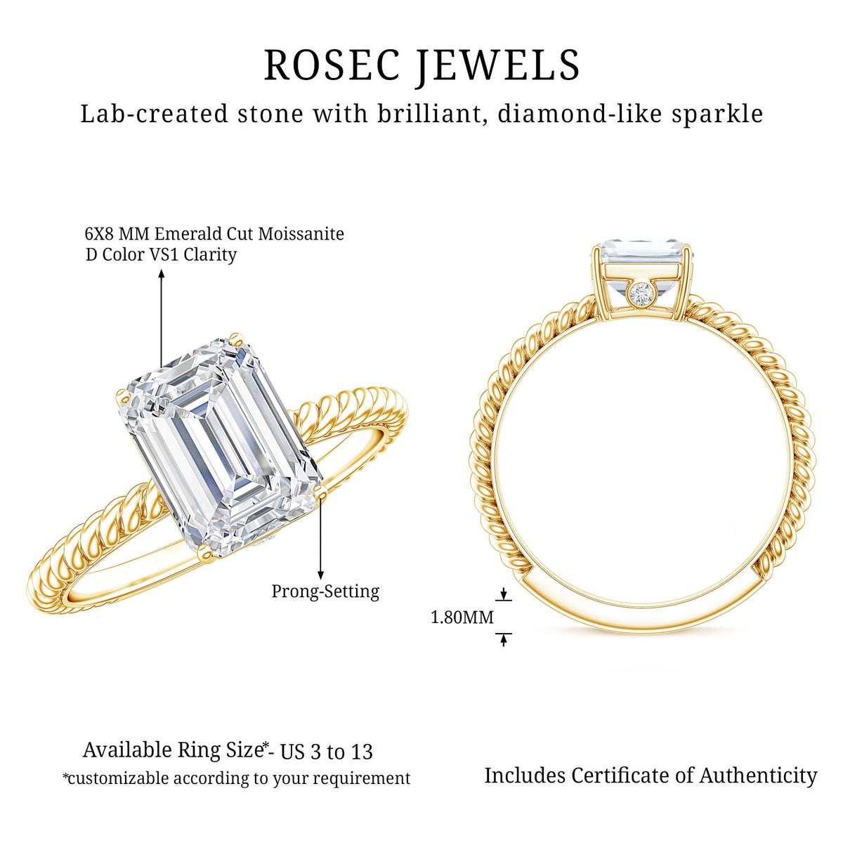 Emerald Cut Moissanite Engagement Ring with Twisted Rope Design