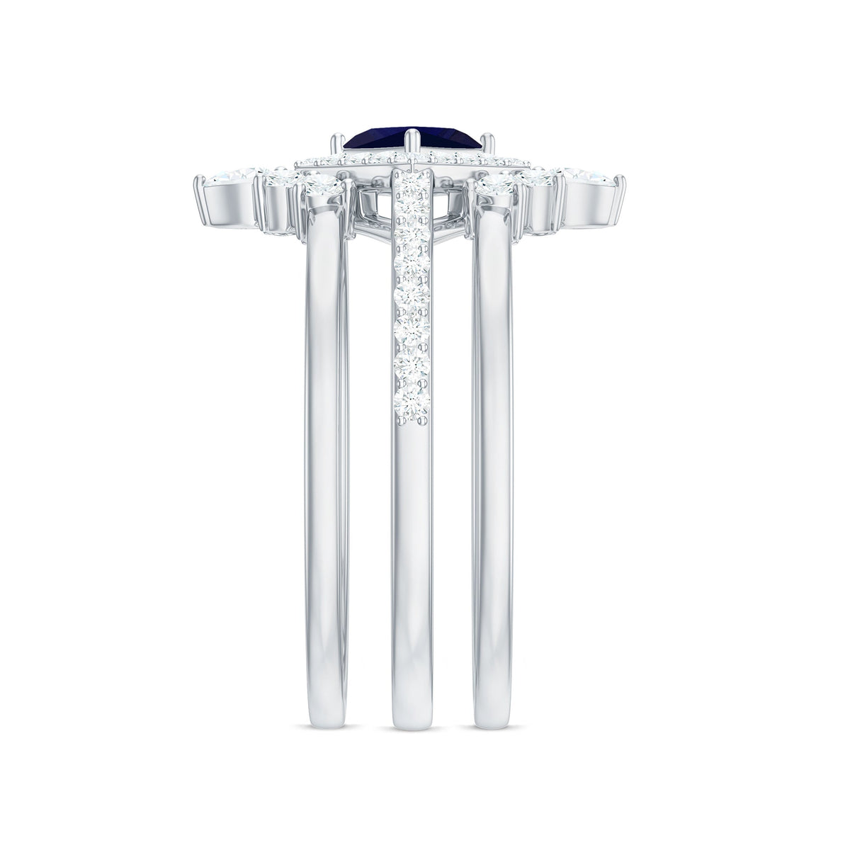 0.4 Carat Princess Cut Blue Sapphire Bridal Ring Set with Moissanite Halo