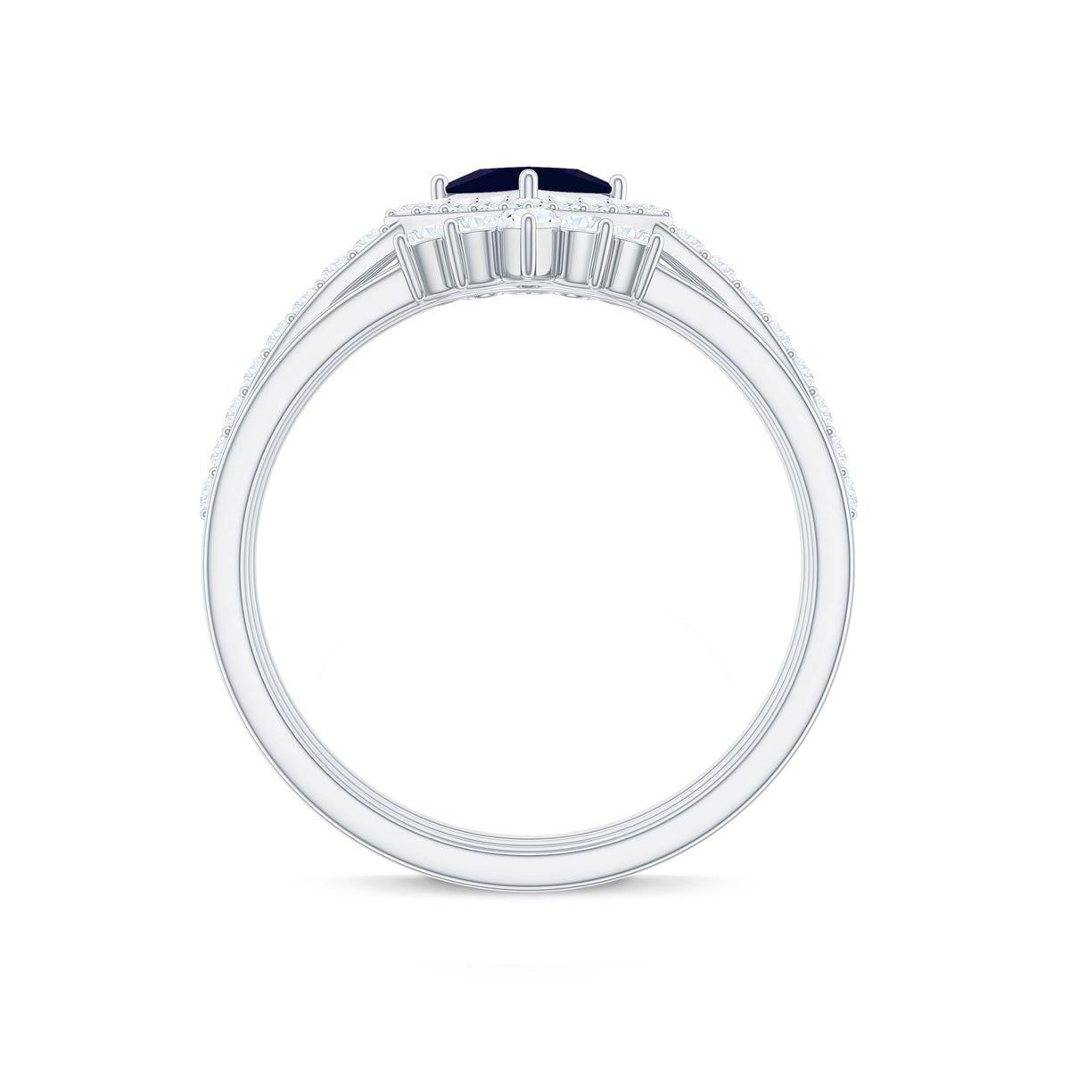 0.4 Carat Princess Cut Blue Sapphire Bridal Ring Set with Moissanite Halo