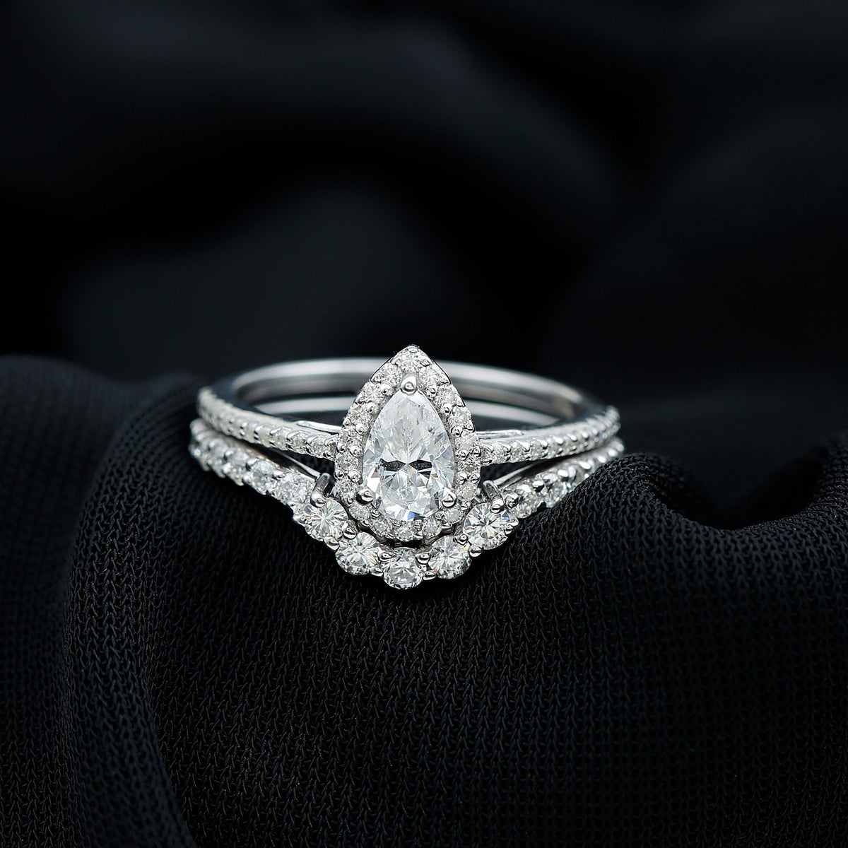 0.5 Carat Certified Moissanite Teardrop Bridal Ring Set with Halo