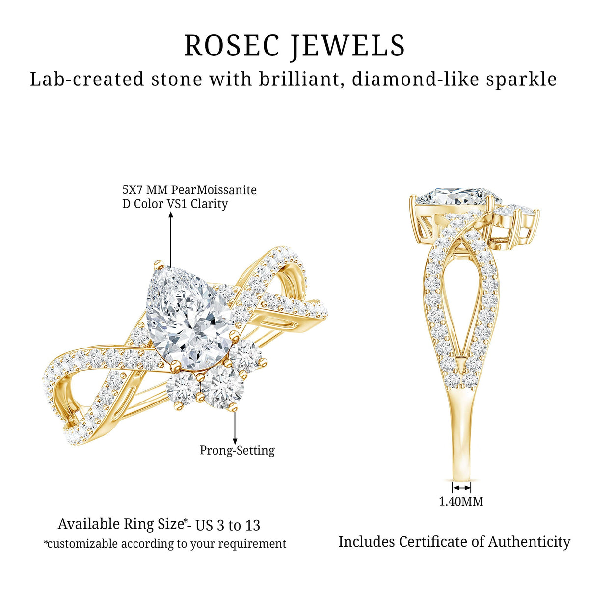 Designer Pear Shaped Moissanite Crossover Engagement Ring