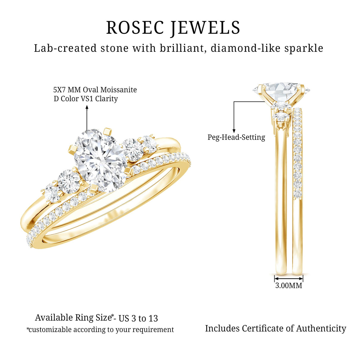 Certified Moissanite Oval Engagement Ring with Wedding Band
