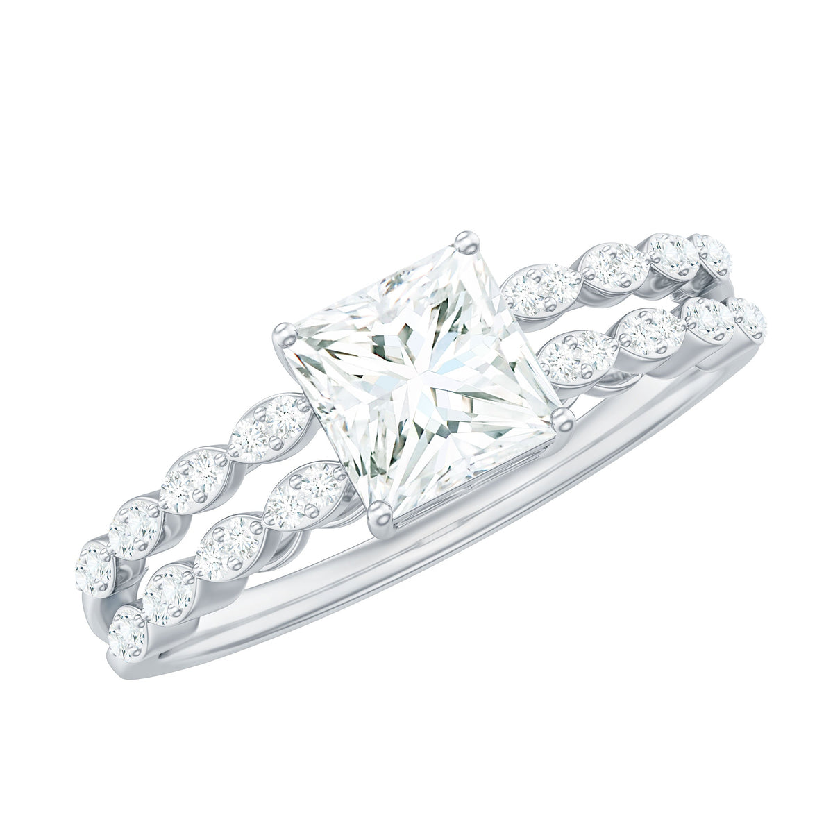 Certified Moissanite Princess Cut Engagement Ring in Double Band