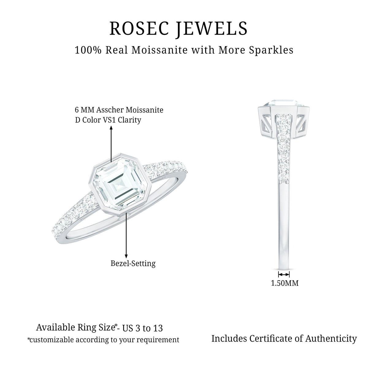 Asscher Cut Moissanite Solitaire Engagement Ring in Bezel Setting