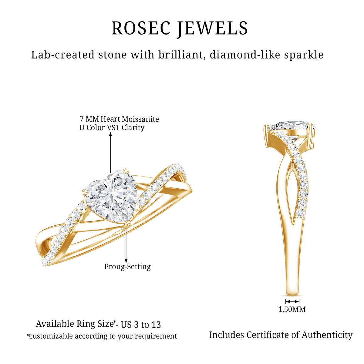 1.50 CT Heart Shape Moissanite Crossover Engagement Ring