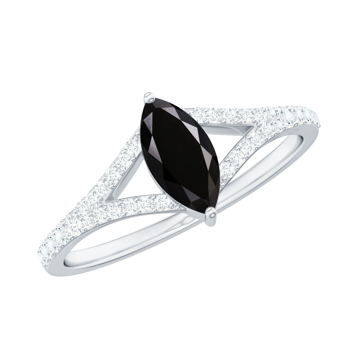 0.7 Carat Marquise Cut Black Onyx Engagement Ring with Diamond Split Shank