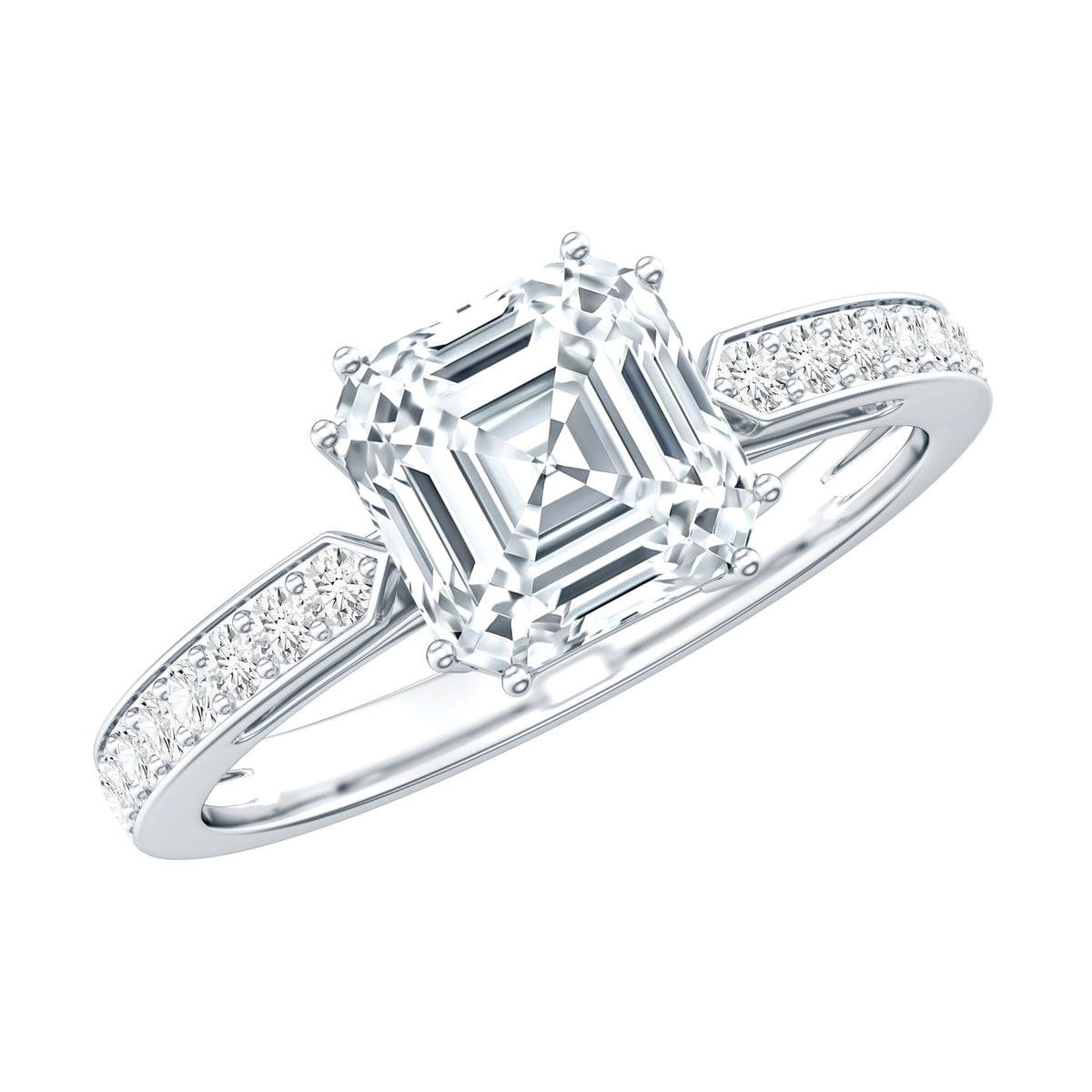 3 Carat Asscher Cut Moissanite Solitaire Engagement Ring with Side Stones